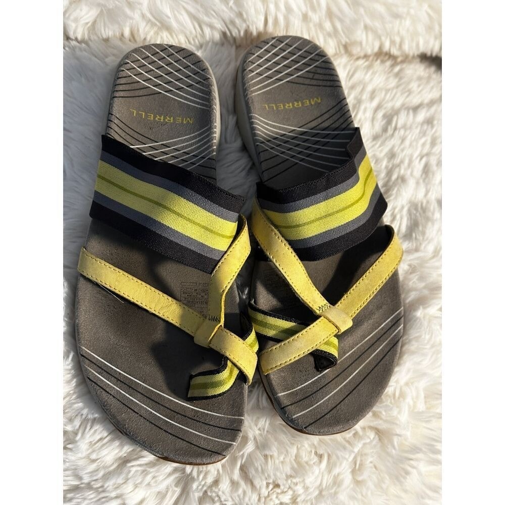 Merrell Terran‎ Post II Yellow Grey Striped Toe Loop Slide Sandals Womens 11